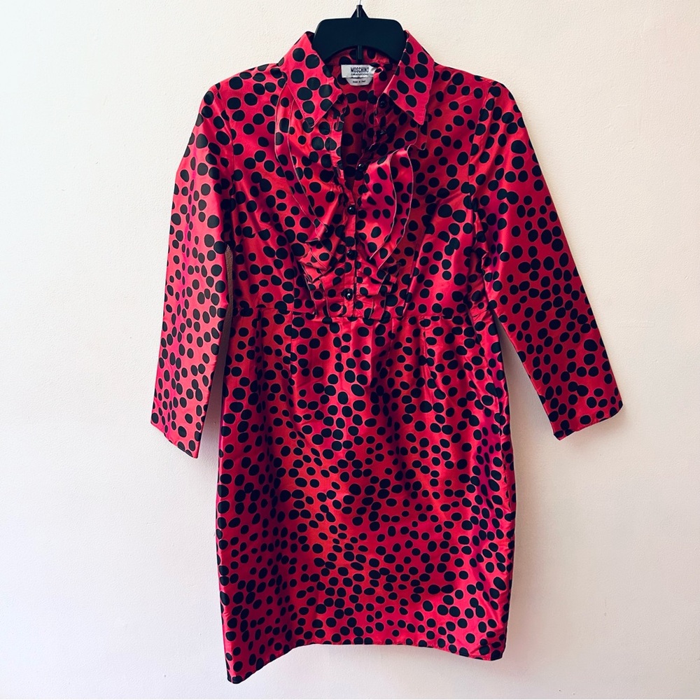 Moschino Cheap & Chic Silk polka dot ruffle front belted dress size 6
